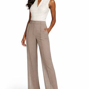 Free People Taupe Sheer Straight Leg Pleated Pants High Rise Pockets
